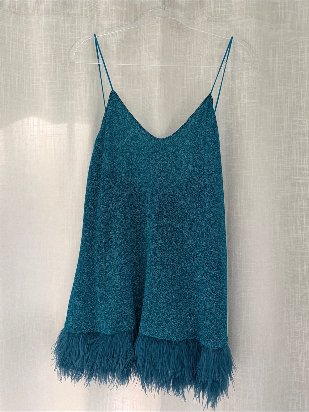 Teal Feather-Hem Spaghetti Strap Mini Dress